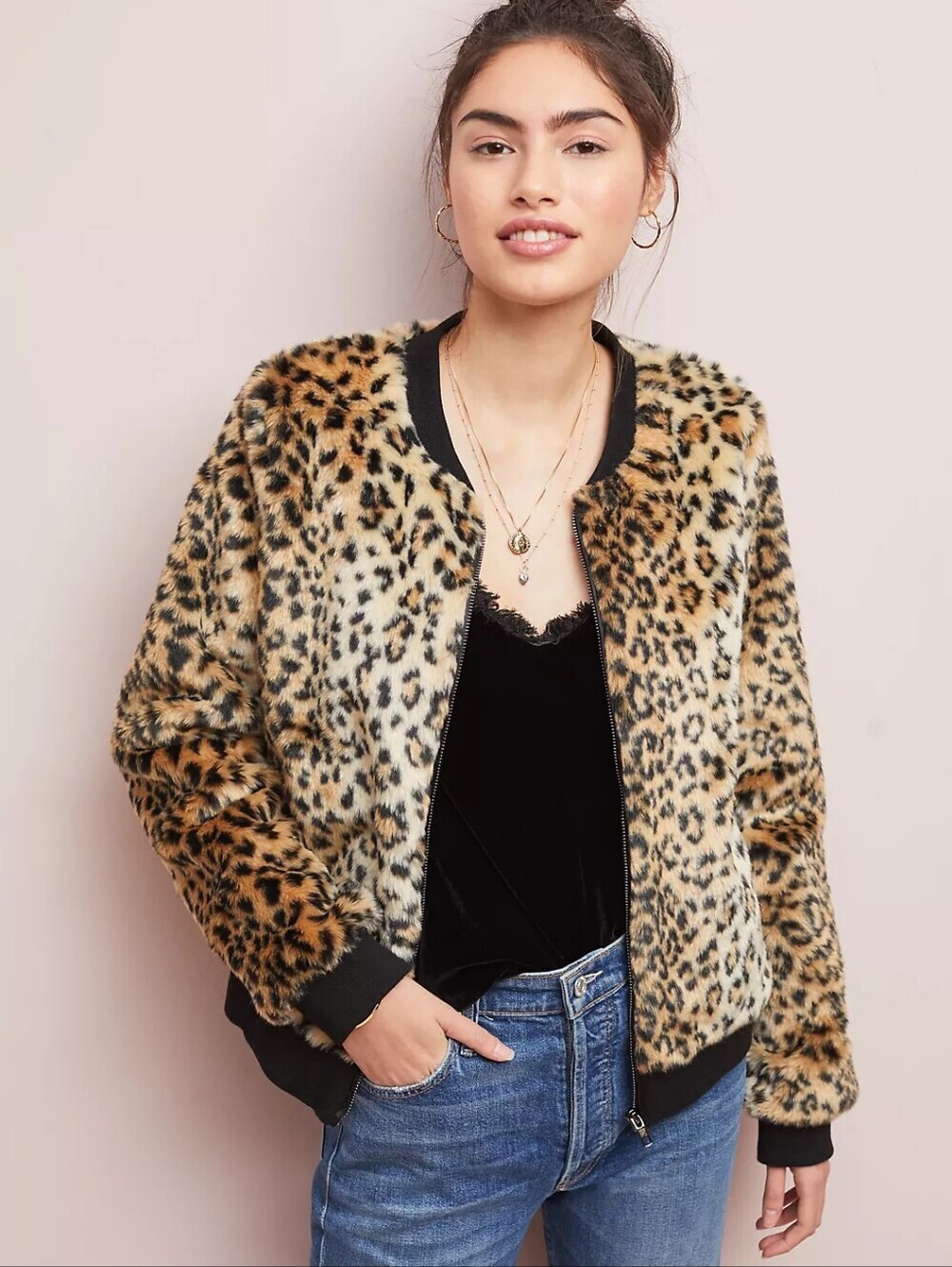Skies Are Blue Leopard Print Faux Fur Bomber Jacket - Brown/Tan/Black